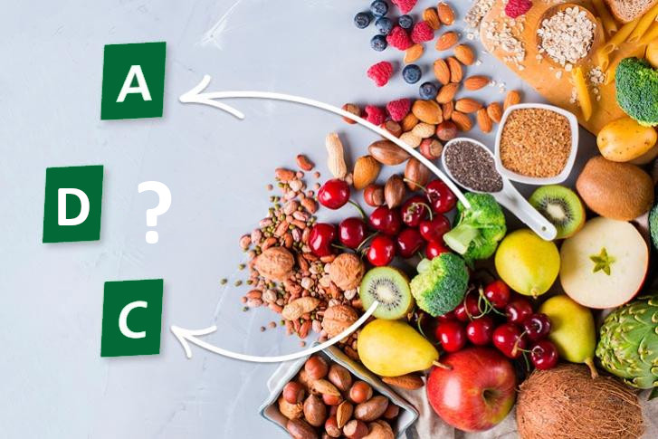Fotografía sobre fondo azul claro con varias frutas, verduras y nueces a cuadro. Etiquetas en verde con las letras A, D y C en blanco.