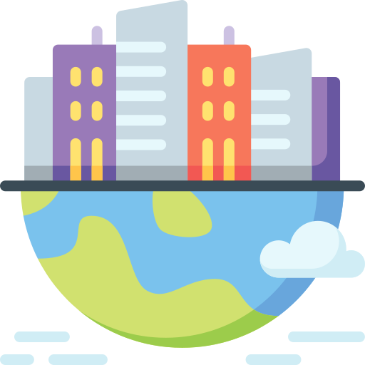 icono de una ciudad ocupando la mitad de la tierra